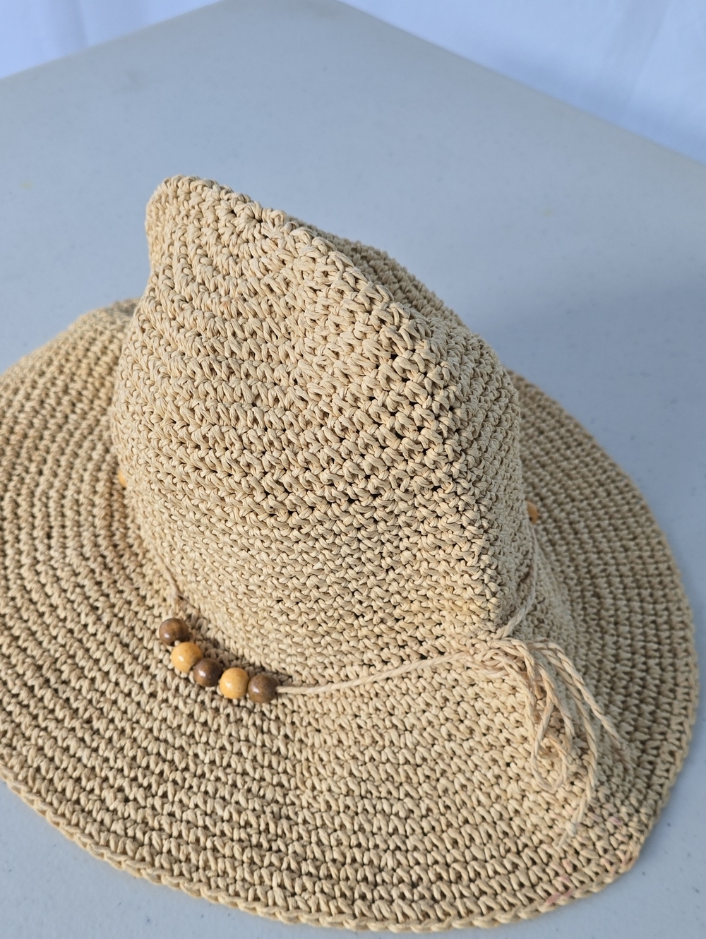 Source Unknown Natural Straw Crochet Fedora Hat with Wooden Bead Trim
